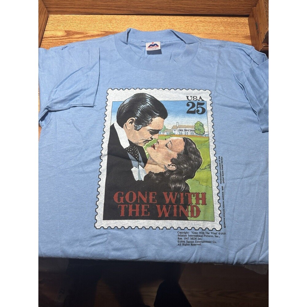 Vintage Gone With The Wind Poster Stamp T-Shirt 1990 USPS NOS Blue Men’s Size L - Picture 3 of 7